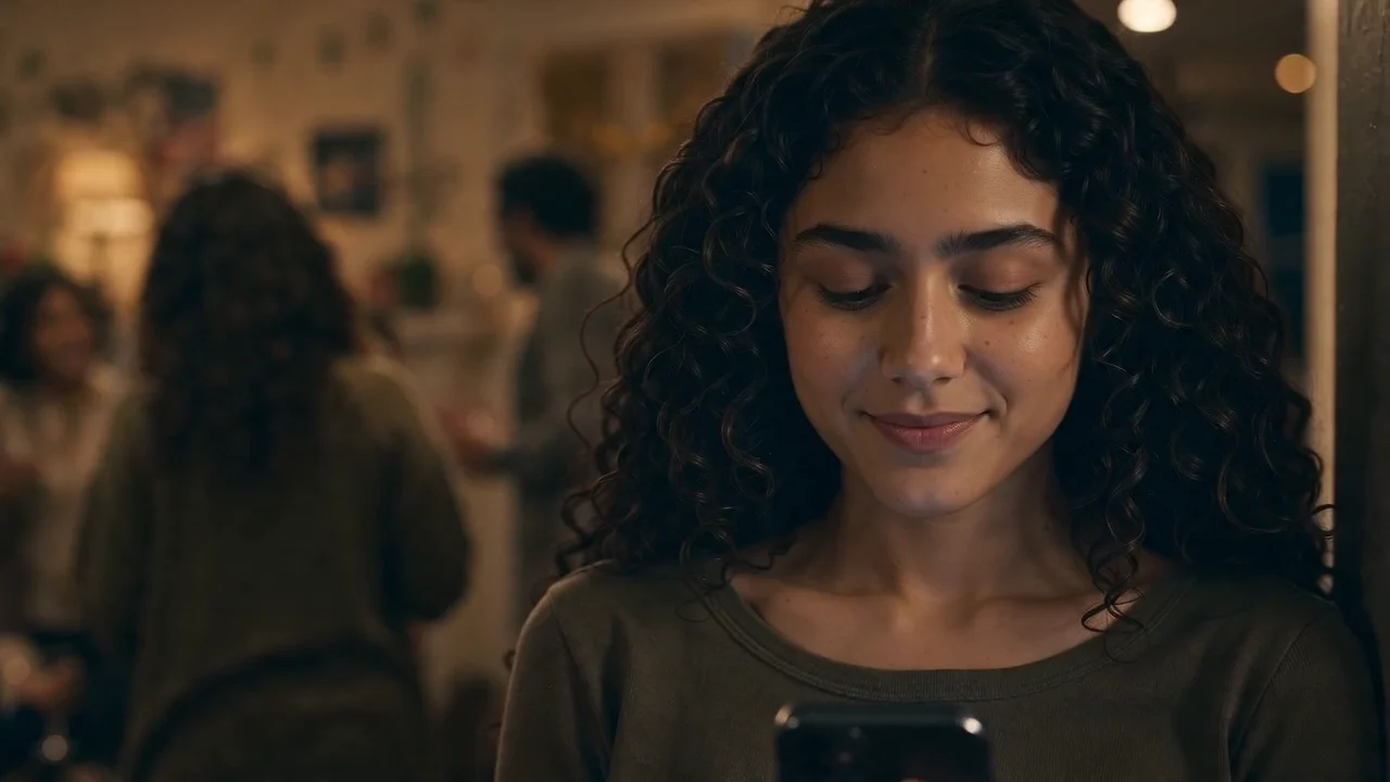 A young woman holding a phone in The Messages That Waited