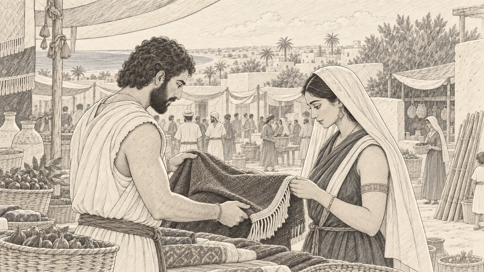 Generated illustrative pencil treatment of the market scene